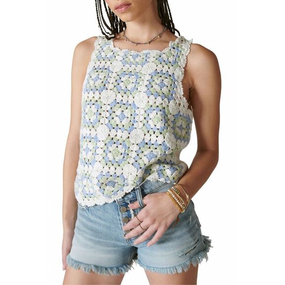Lucky Brand Tops - Lucky Brand Tank Top  Granny Square Crochet Sleeveless Boho‎ White Blue Green XL